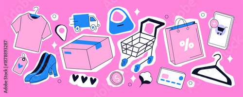 Hand drawn fashion clothes, accessories, shoes, bags and other shopping stickers. Trendy vintage cutout collage elements for retail design, branding, social media, scrapbook projects.