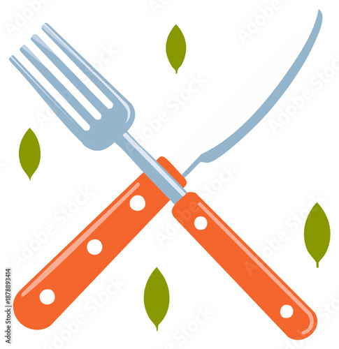 Crossed Fork and Knife with Leaves Graphic Design