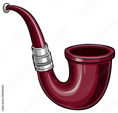 Classic Deep Red Tobacco Smoking Pipe with Elegant Silver Accents Vector Illustration