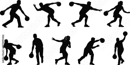 Set of black silhouettes featuring various male and female bowling players in dynamic action poses including throwing and aiming isolated on a white background