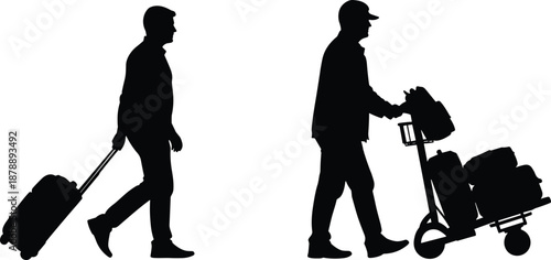 Silhouettes of male travelers walking with suitcase and airport luggage trolley cart representing global travel vacation tourism moving and transportation of baggage and passengers