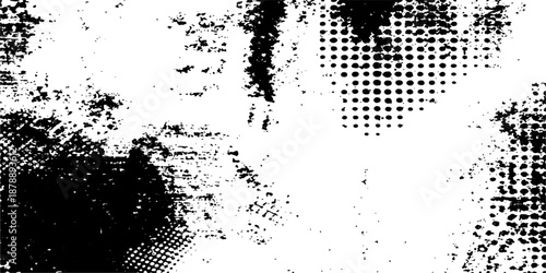 Abstract grunge halftone background featuring black ink paint splashes and vector splatter textures with dirty spray stains and brush drip design elements