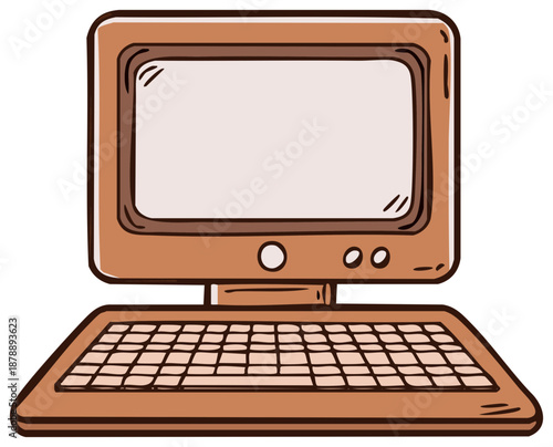 Cartoon Style Vintage Computer with Monitor and Keyboard Device Illustration