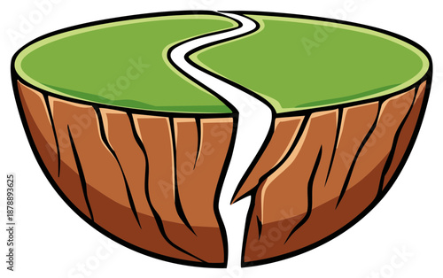 Cartoon illustration of cracked land with a broken path symbolizing division and obstacles