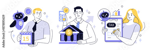 Characters using ai robot advisor to prepare tax declaration, automated filling documents, calculating taxes. Automated taxation concept set. Vector illustration.