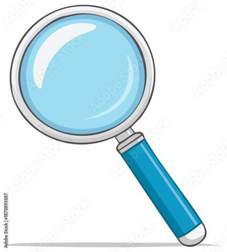 Close-up of Search Tool Magnifying Glass with Blue Tint and Handle. Vector