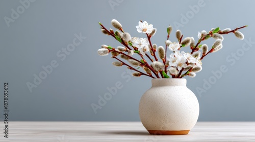 Neutral ceramic vase with willow catkins and blossoms on a light wooden table against a soft gray wall background, ideal for floral arrangements and home decor with copy space