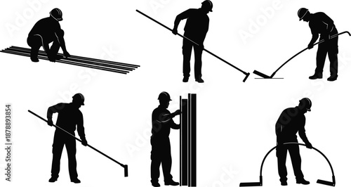 Set of black silhouettes showing construction workers performing manual labor including raking asphalt, handling pipes, and site preparation on isolated white background for industry.