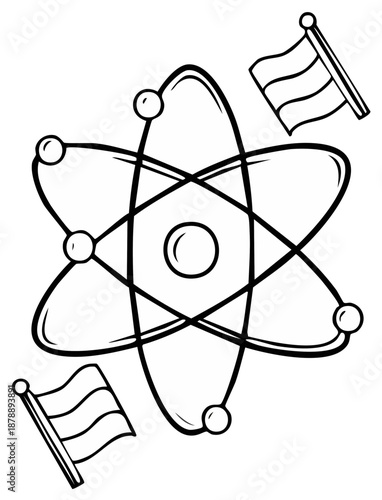 Stylized atomic model illustration with two waving flags