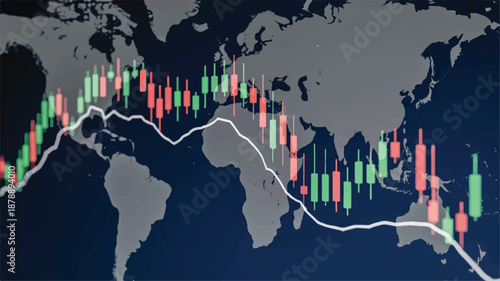 Dynamic global financial market analysis interface displaying real-time candlestick charts and economic trends overlayed on a world map for strategic investment insights