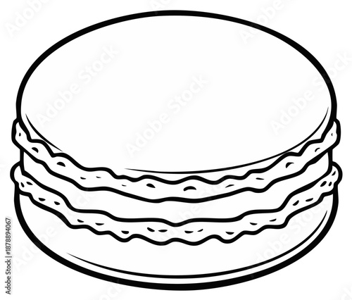 Black and white illustration of a classic French macaron cookie dessert, isolated.