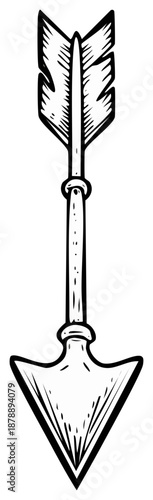 Hand drawn black and white arrow pointing downwards with feathered fletching and sharp arrowhead doodle illustration