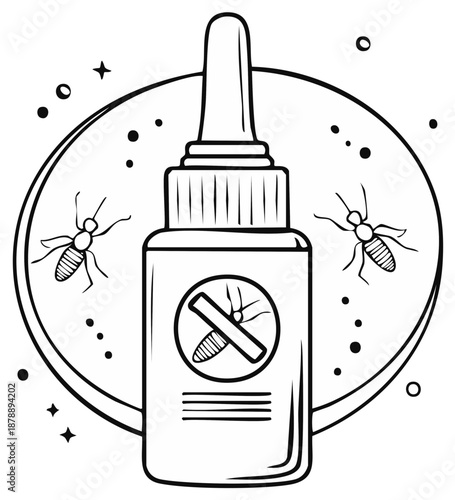 Ant killer bottle vector illustration featuring a crossed-out insect symbol, surrounded by ant icons within a circular frame