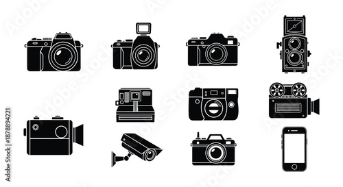 Collection of vintage and modern camera silhouettes in a monochrome style