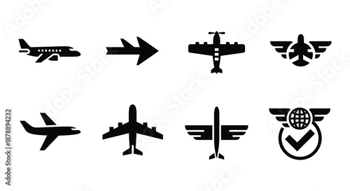 Collection of various black silhouette aircraft and airplane icons in a row
