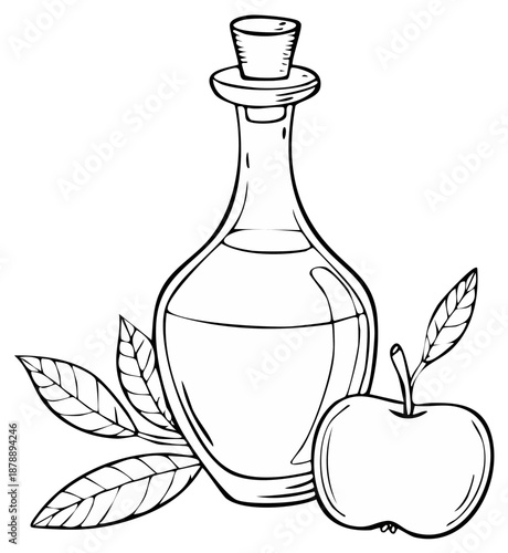 Hand drawn illustration of a glass bottle with apple vinegar or cider and a fresh apple with leaves