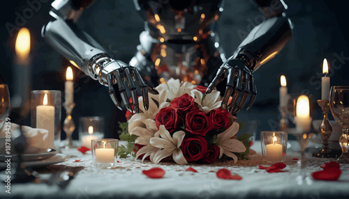 Futuristic robot decorating a romantic Valentine's Day dinner table with flowers and candles