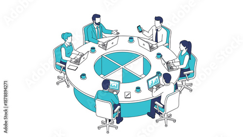 Professional team holds business meeting around large circular table with laptops and coffee mugs in a blue and white theme.