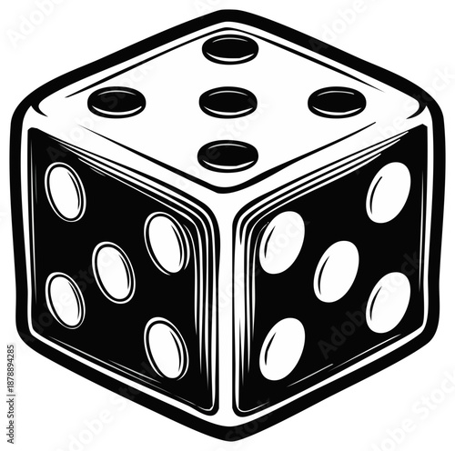 Black and White Illustration of a Six-Sided Die with Pips Showing Five, Three, and Six