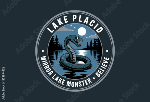 Intriguing Retro Illustration of Lake Placid’s Mirror Lake Monster Under a Full Moon with Serene Water Reflections
