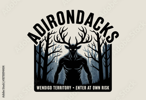 Mysterious Wendigo Figure Surrounded by Dark Pines in Adirondacks Wild Landscape