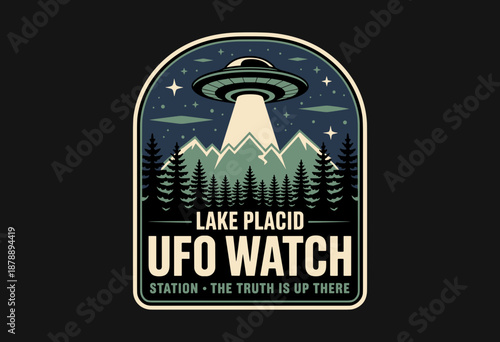 Mystical Lake Placid UFO Watch Badge Featuring Retro Style Flying Saucer and Majestic Mountains Under Starry Night Sky