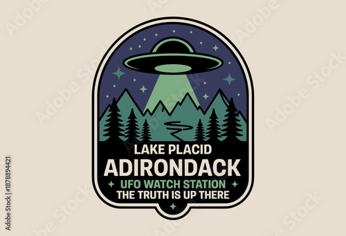 Mystical Lake Placid UFO Watch Badge Featuring Retro Style Flying Saucer and Majestic Mountains Under Starry Night Sky