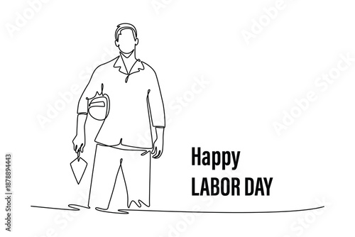 mixed race construction worker with yellow hard hat and trowel. Labor Day concept. Single line draw design. Vector graphic illustration
