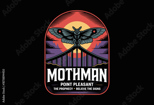 Mysterious Point Pleasant Graphic Featuring a Moth Over Bridge in Dark Hues