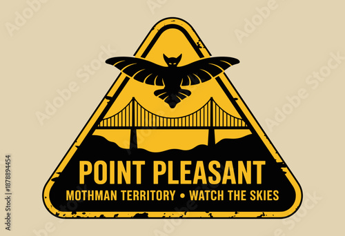 Mysterious Mothman Warning Sign with Silhouette and Bridge in Bold Yellow