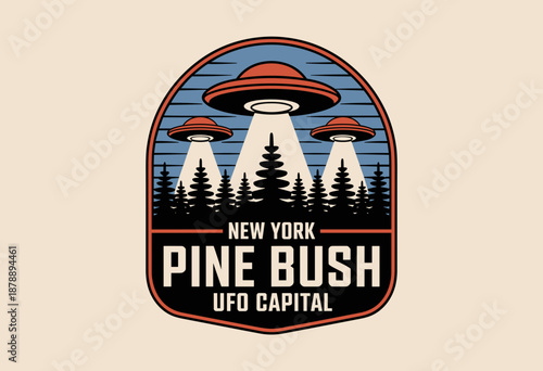 Vibrant Retro Illustration of Pine Bush, New York: The UFO Capital with Spectacular Flying Saucers and Alien Landscape