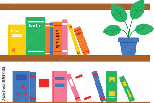 Bookshelf Illustration with Colorful Books, Potted Plant, and Wooden Shelves for Home Library, Education, Reading, and Interior Decor Concept