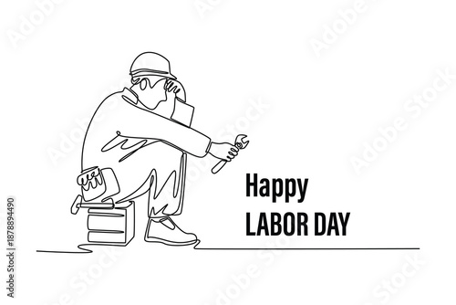repairman worker sad fatigue failure. Labor Day concept. Single line draw design. Vector graphic illustration