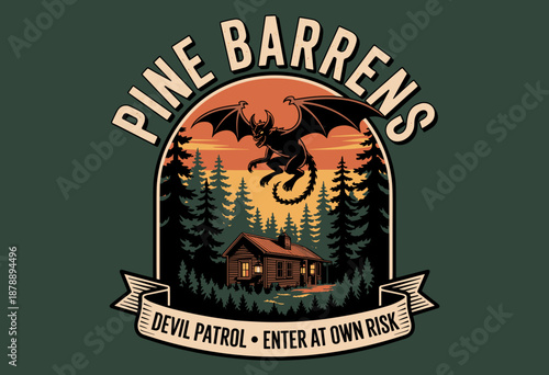 Mysterious Pine Barrens with Enigmatic Creature and Rustic Cabin Under Twilight Sky