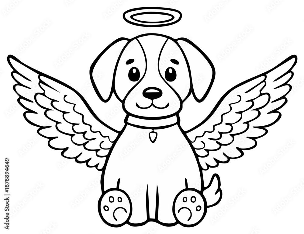Fototapeta premium Cute Angel Dog with Wings and Halo in Black and White for Coloring
