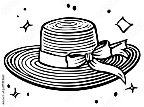 Straw hat with ribbon in graphic illustration style. Fashionable headwear line art.