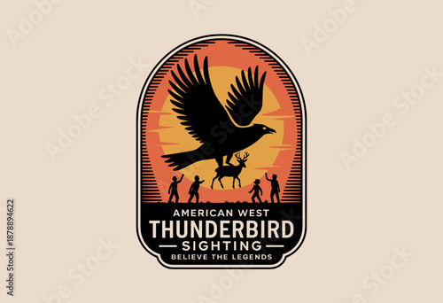 Legendary Thunderbird Sighting in the American West with Silhouetted Viewers Under Vibrant Sunset