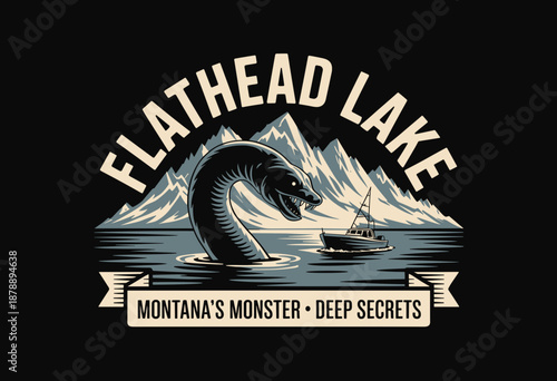 Mysterious Flathead Lake Monster Emerging from Serene Waters with Majestic Mountains in Background