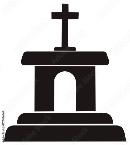 Simple black graphic depicting a religious altar structure with a prominent Christian cross
