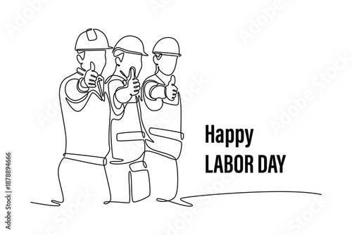 Success Team of foreman and worker people showing thumbs up. Labor Day concept. Single line draw design. Vector graphic illustration