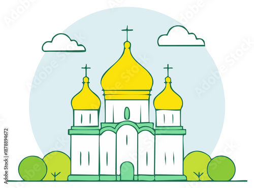 Orthodox church illustration with dome, cross, facade, clouds, and trees in a serene landscape, white walls, and yellow domes