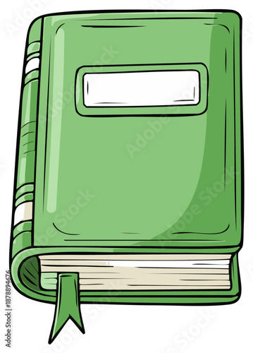Hand drawn illustration of a closed green hardcover book with a blank label on the cover and a ribbon bookmark