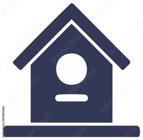 Simple dark blue birdhouse silhouette icon with round opening and perch