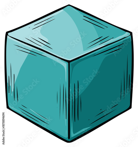 Stylized Teal Cube Illustration with Black Outlines and Artistic Shading