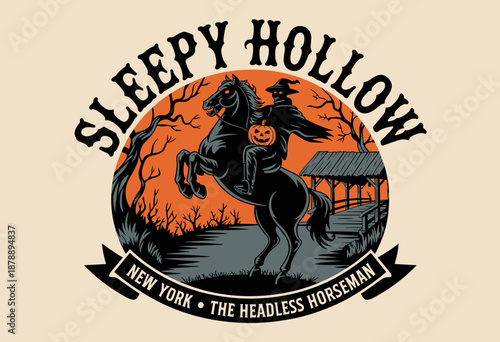 Spooky Vintage Illustration of the Headless Horseman Riding Through Sleepy Hollow with a Jack-o'-Lantern