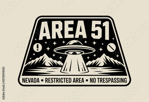 Mysterious Area 51 Emblem Featuring UFO Above Desert Landscape with Eye Symbol in Retro Style