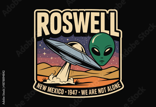 Retro Alien Encounter in Roswell with UFO and Green Extraterrestrial in Vibrant Sunset Colors