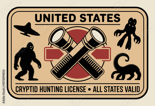Creative Cryptid Hunting License Design Featuring Sasquatch and UFOs in Bold Colors