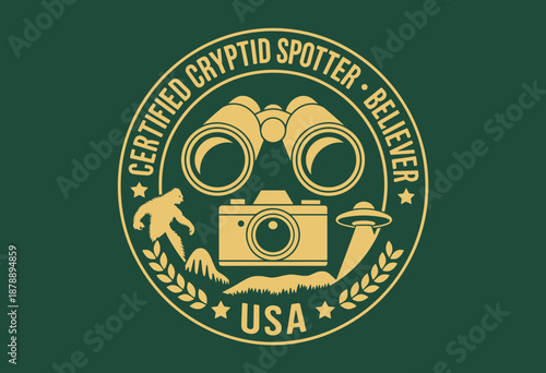 Whimsical Badge Design for Certified Cryptid Spotters with Binoculars and Camera on Dark Green Background