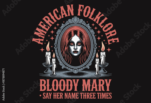 Chilling Illustration of Bloody Mary from American Folklore with Enigmatic Reflection and Candles in Dark Moods